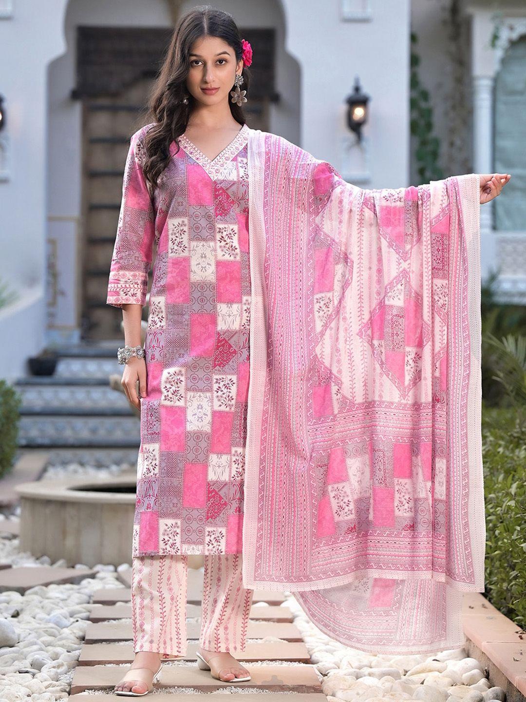 sangria printed with embroidery pure cotton straight kurta with trouser & dupatta set