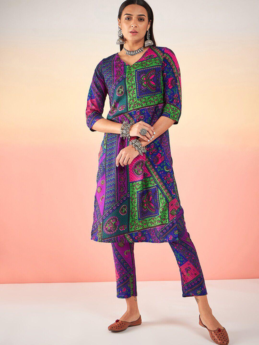 sangria purple & green ethnic motifs printed straight kurta with trousers