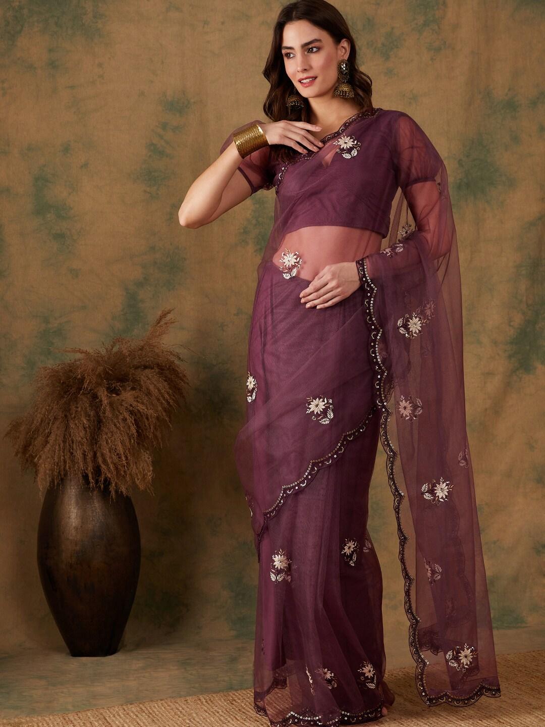 sangria purple floral embroidered beads and stones embellished net saree