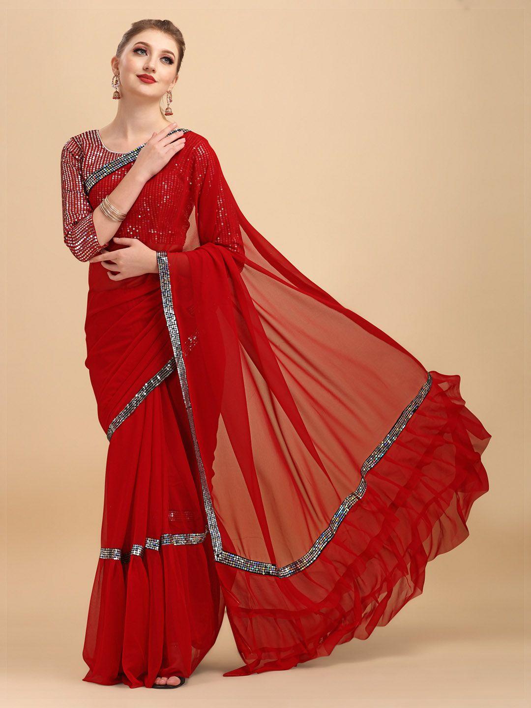 sangria red & silver sequinned ruffles pure georgette saree