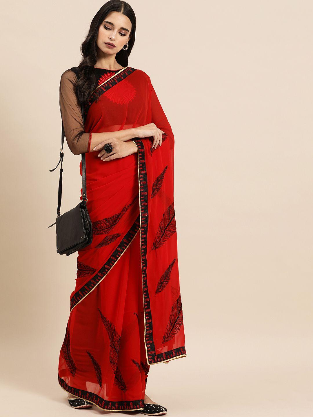 sangria red solid pure georgette saree with embroidered detailing