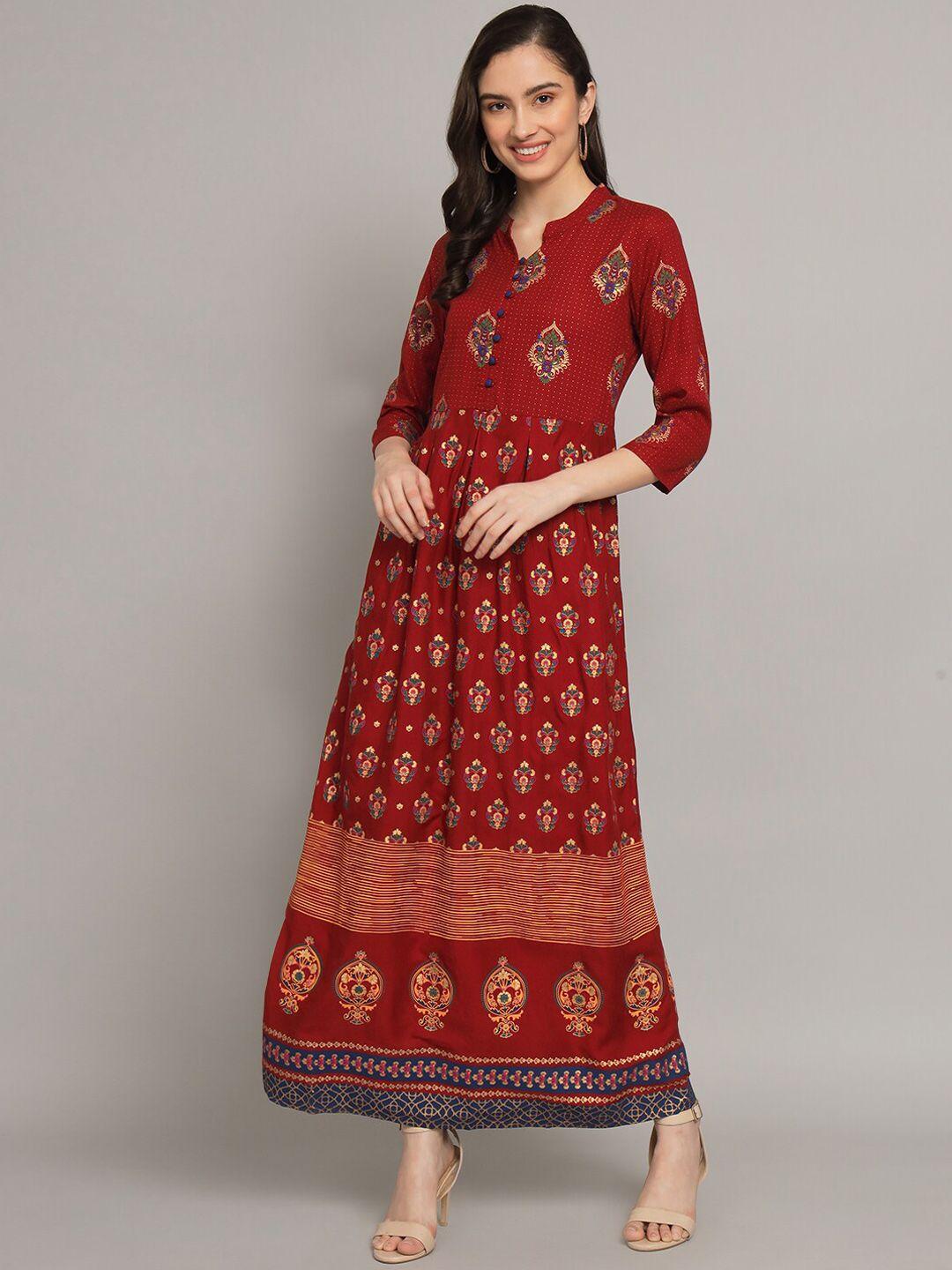 sangria rust ethnic motifs printed cotton maxi ethnic dress
