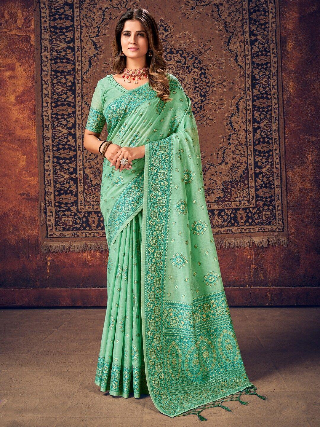 sangria sea green ethnic motifs woven design banarasi saree with blouse