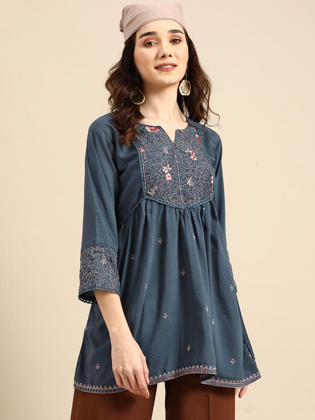 sangria teal blue embroidered longline top