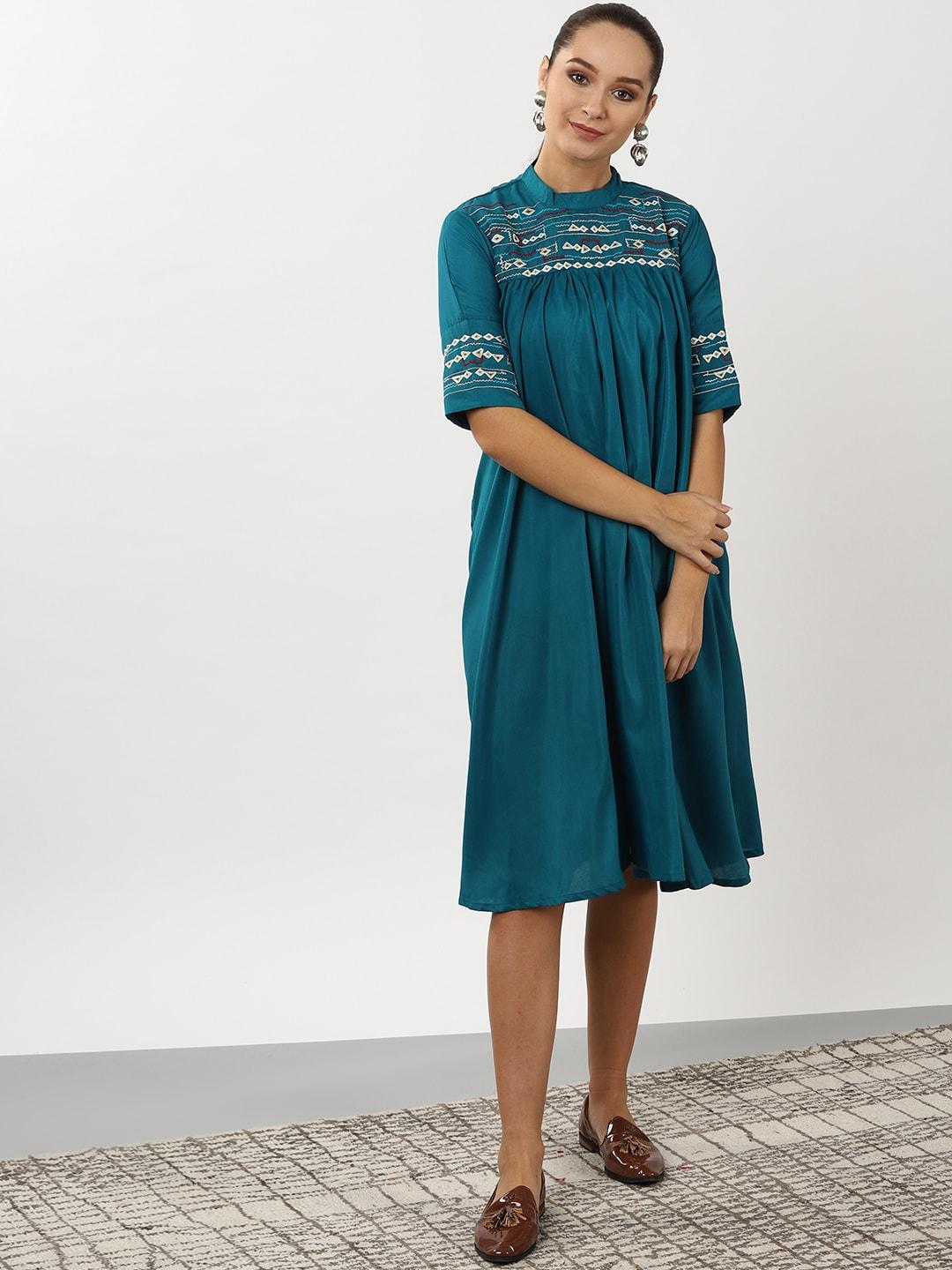 sangria teal blue ethnic motifs embroidered ethnic empire midi dress