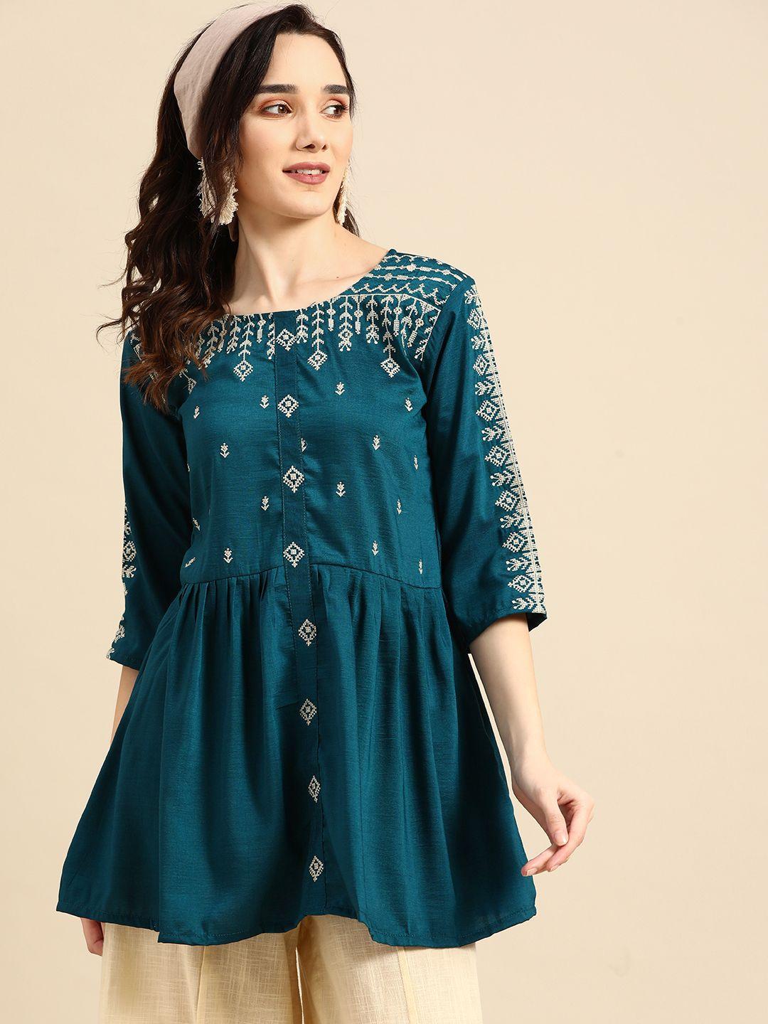 sangria teal embroidered cinched waist longline top