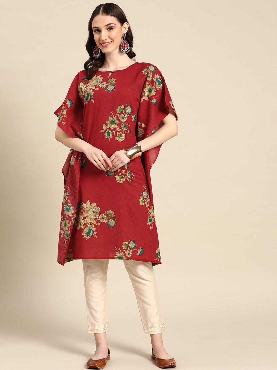 sangria wome ethnic motifs printed keyhole neck extended sleeves kaftan kurta