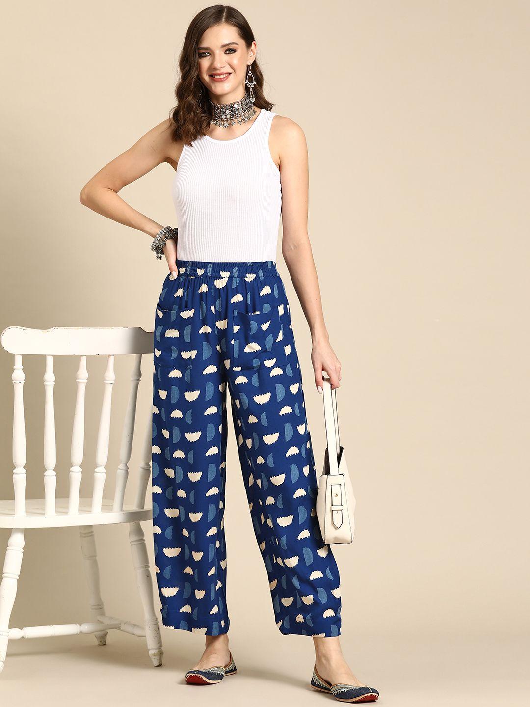 sangria women abstract print regular fit trousers