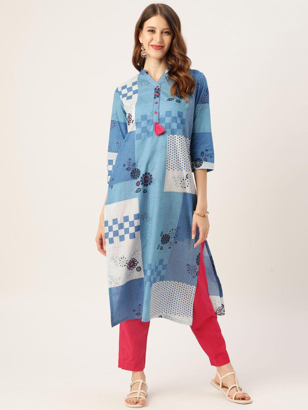 sangria women blue & off white geometric print cotton kurta with tasselled detail