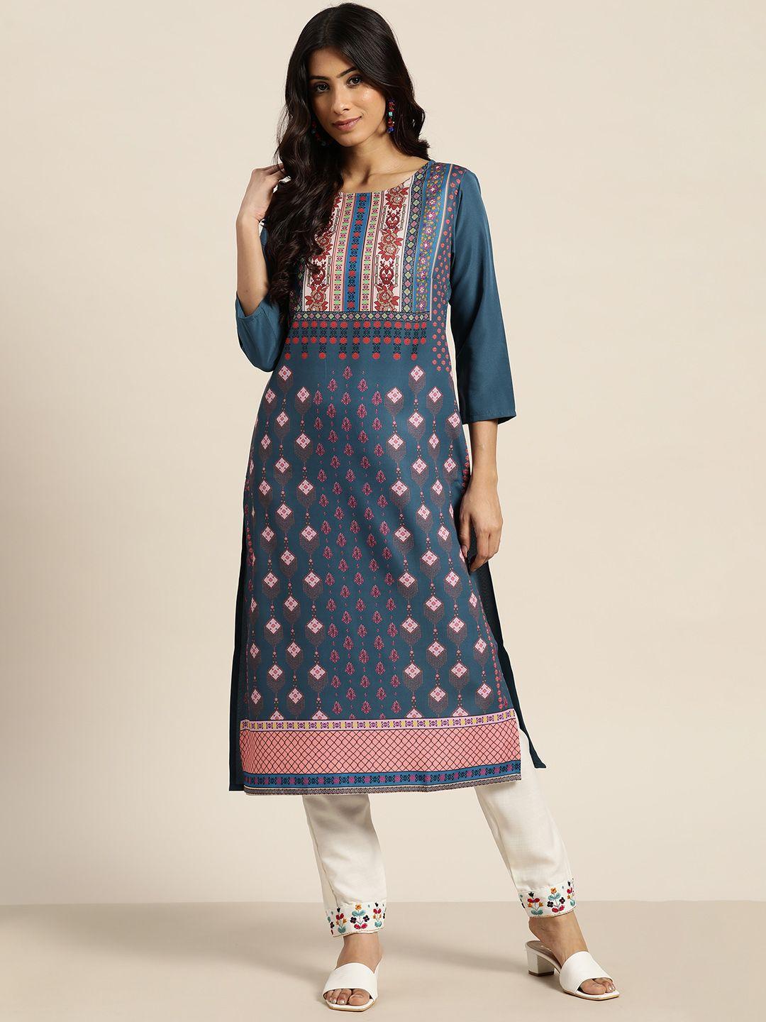 sangria women blue & pink ethnic motifs print kurta