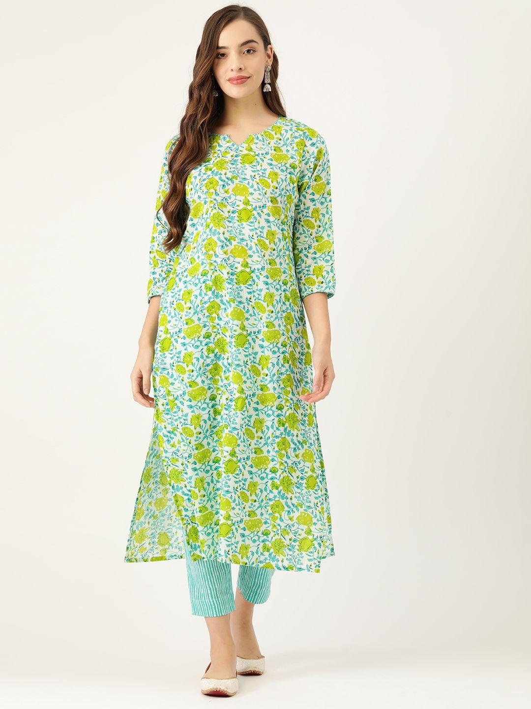 sangria women blue & yellow floral printed pure cotton kurta with trousers