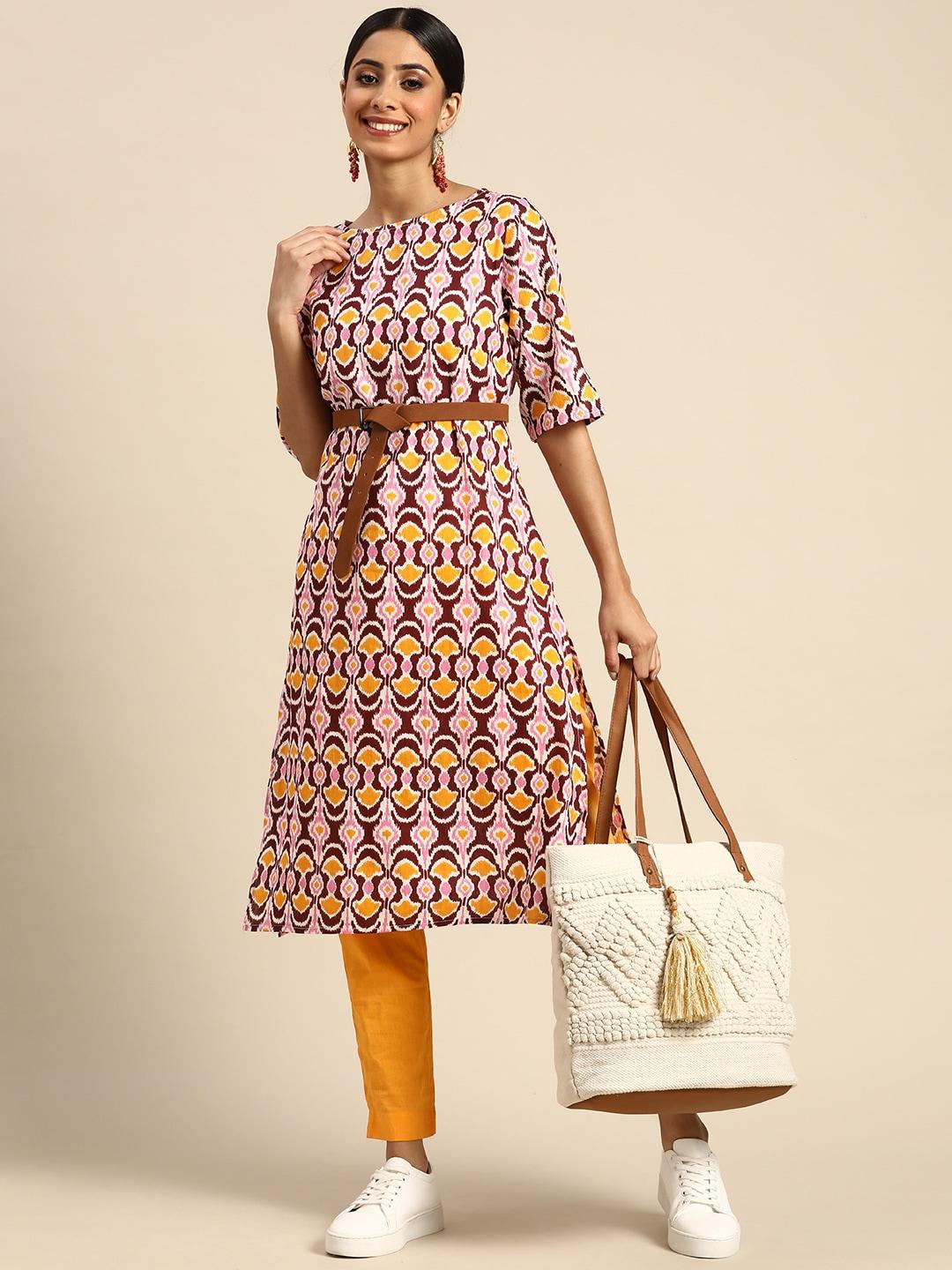 sangria women burgundy & mustard yellow ethnic motifs printed cotton kurta with trousers