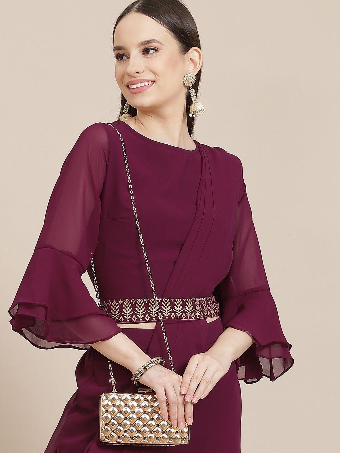 sangria women burgundy top with palazzos & detachable dupatta & waistbelt
