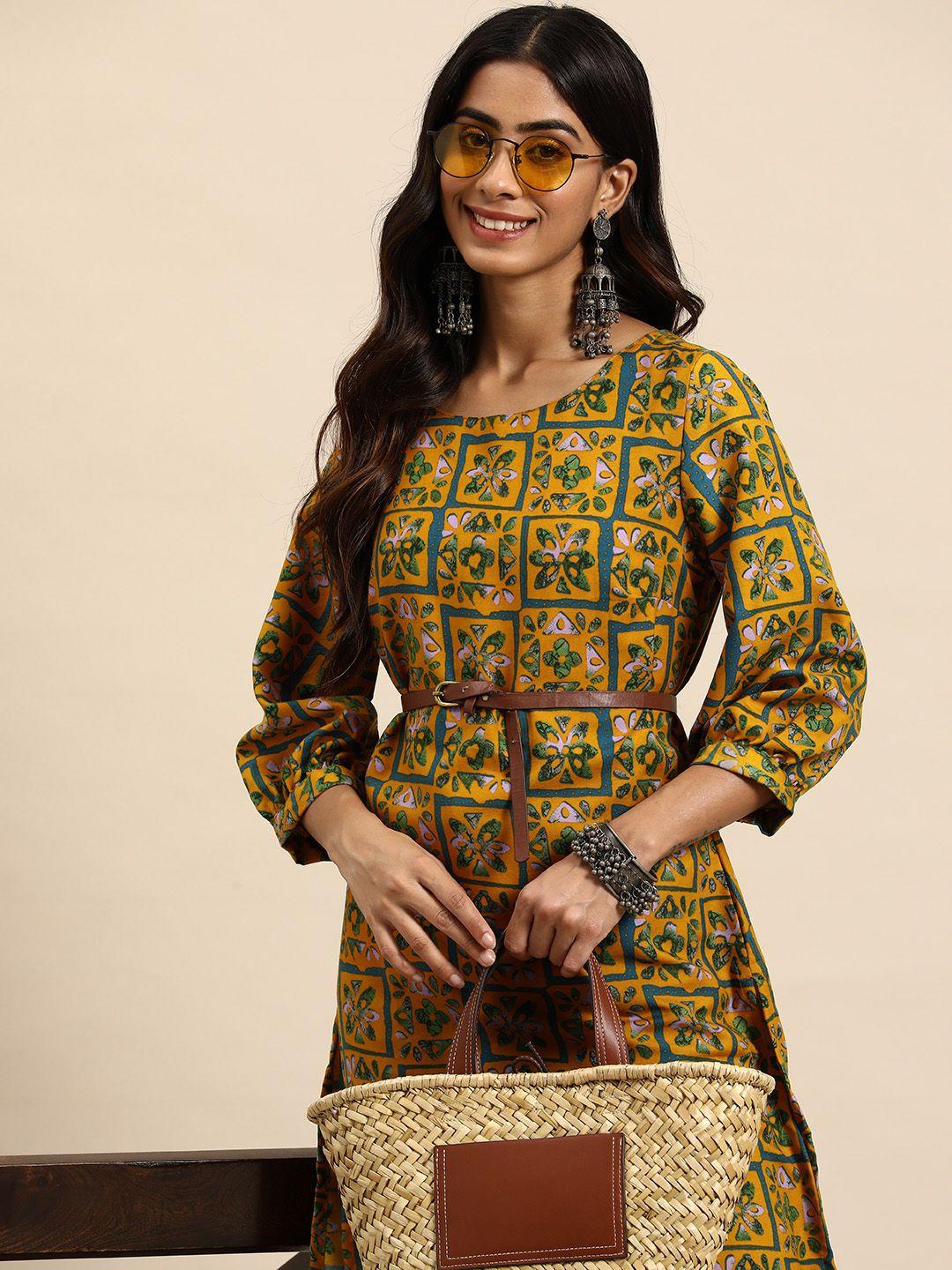 sangria women ethnic motifs printed puff sleeves straight kurta