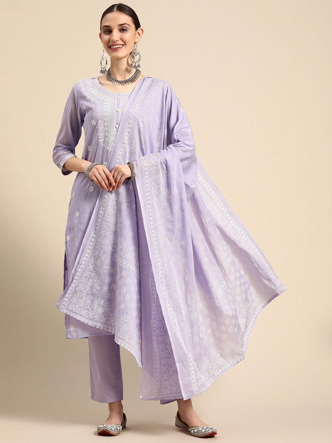 sangria women floral embroidered pure cotton kurta with trousers & with dupatta