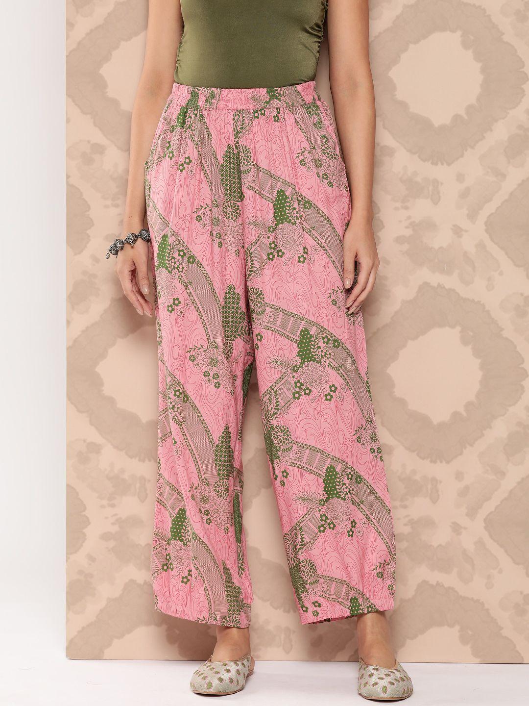sangria women floral print straight fit trousers