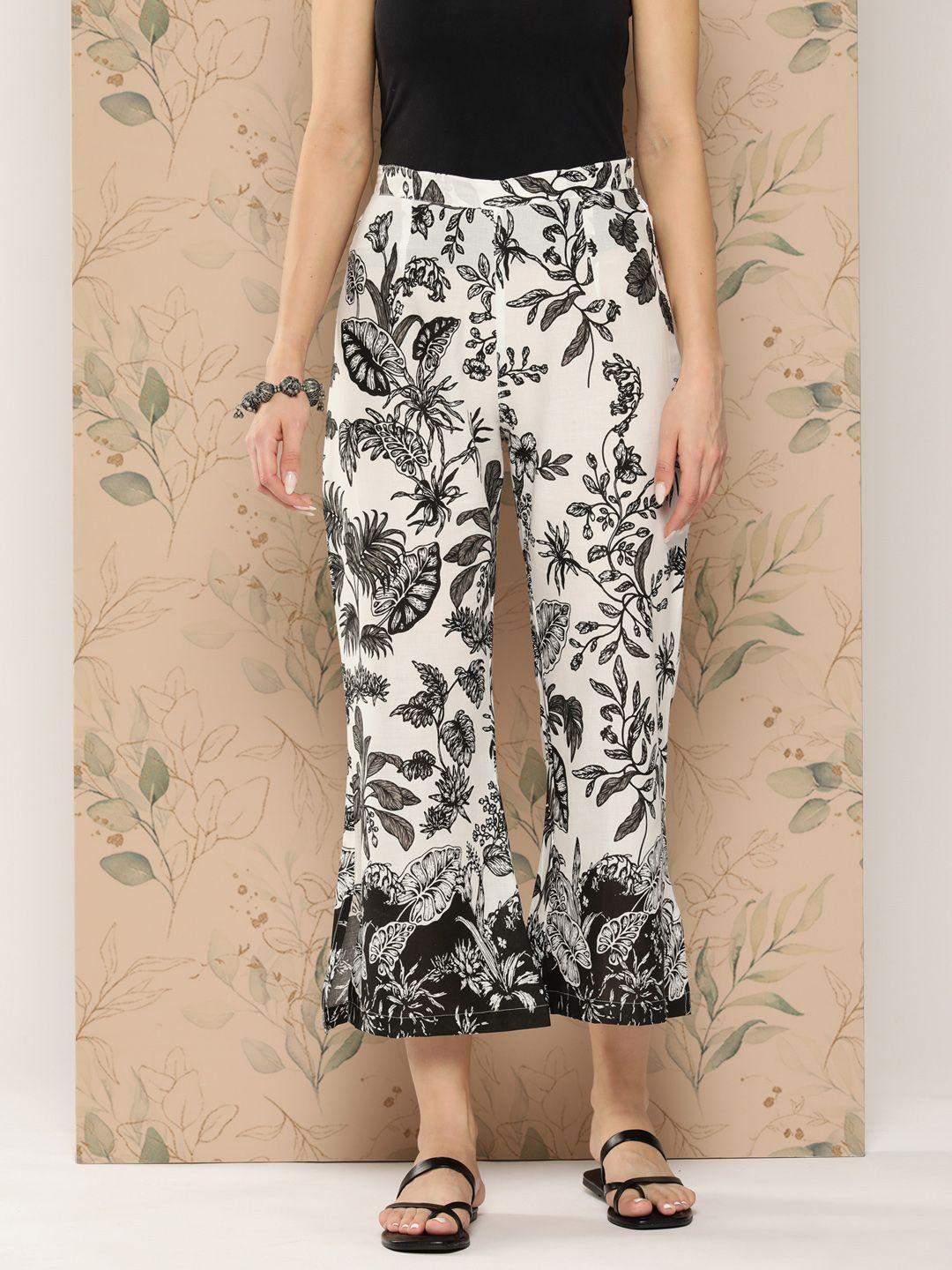sangria women floral printed pure cotton flared trousers