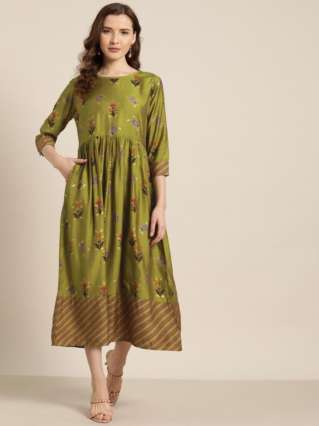 sangria women green & orange ethnic floral motif print a-line dress