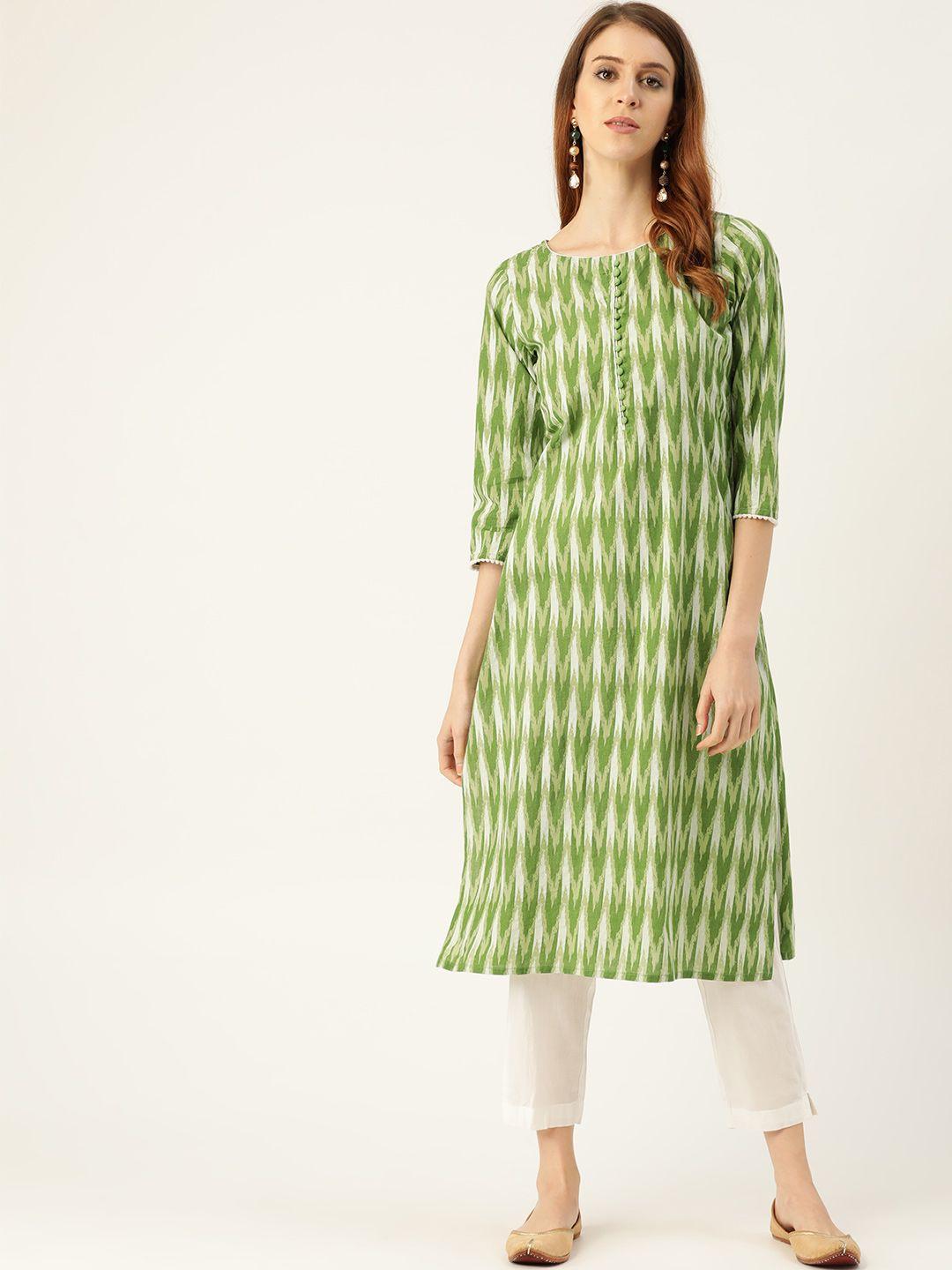 sangria women green & white printed kurta with trousers