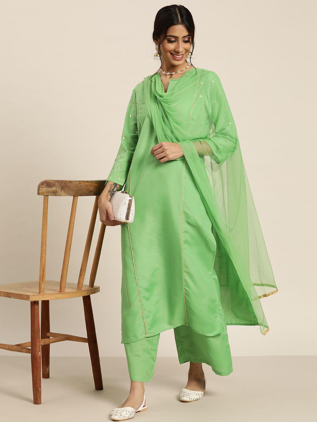 sangria women green panelled sequinned kurta with palazzos & dupatta