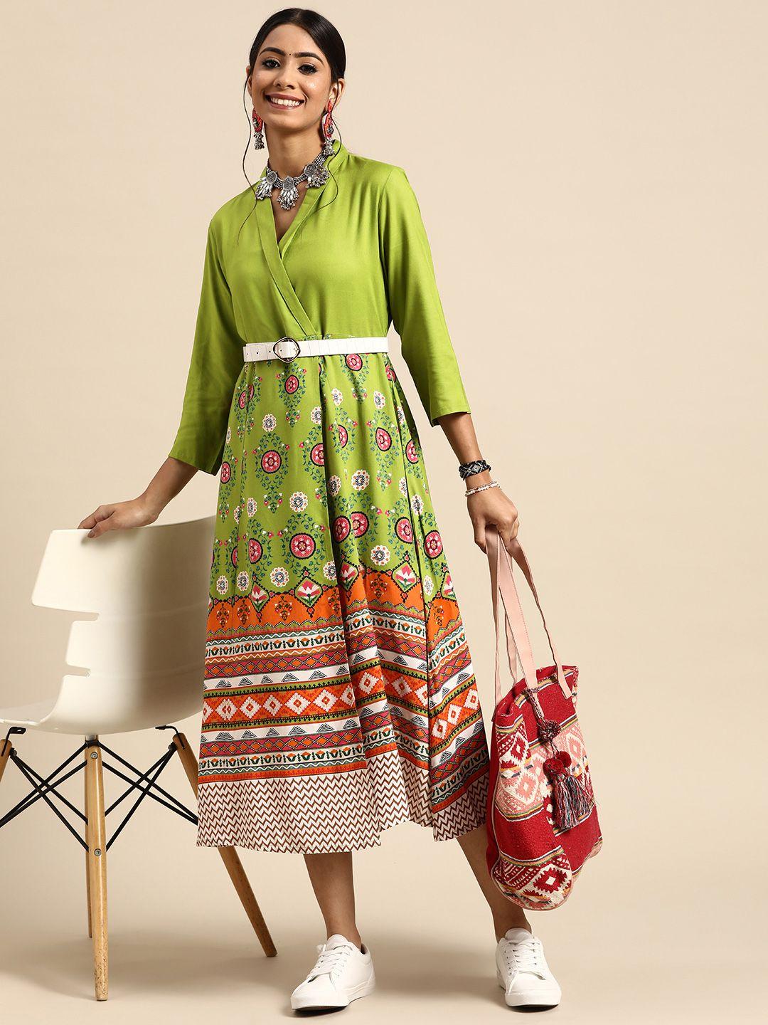 sangria women green printed wrap ethnic dress