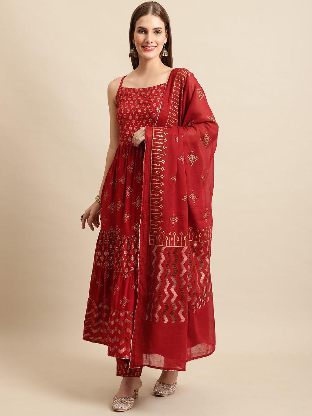 sangria women maroon ethnic motifs printed pure cotton kurta with trousers & with dupatta