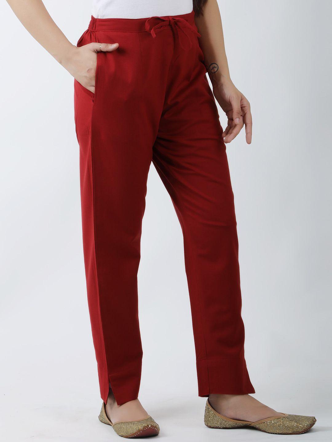 sangria women maroon mid-rise original plain cotton peg trousers