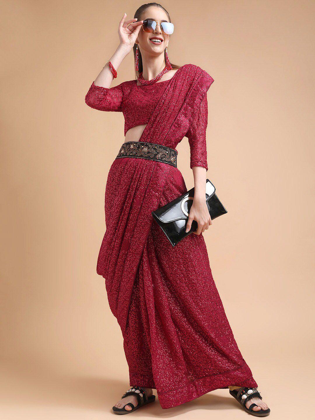 sangria women maroon pure georgette sequinned sarees