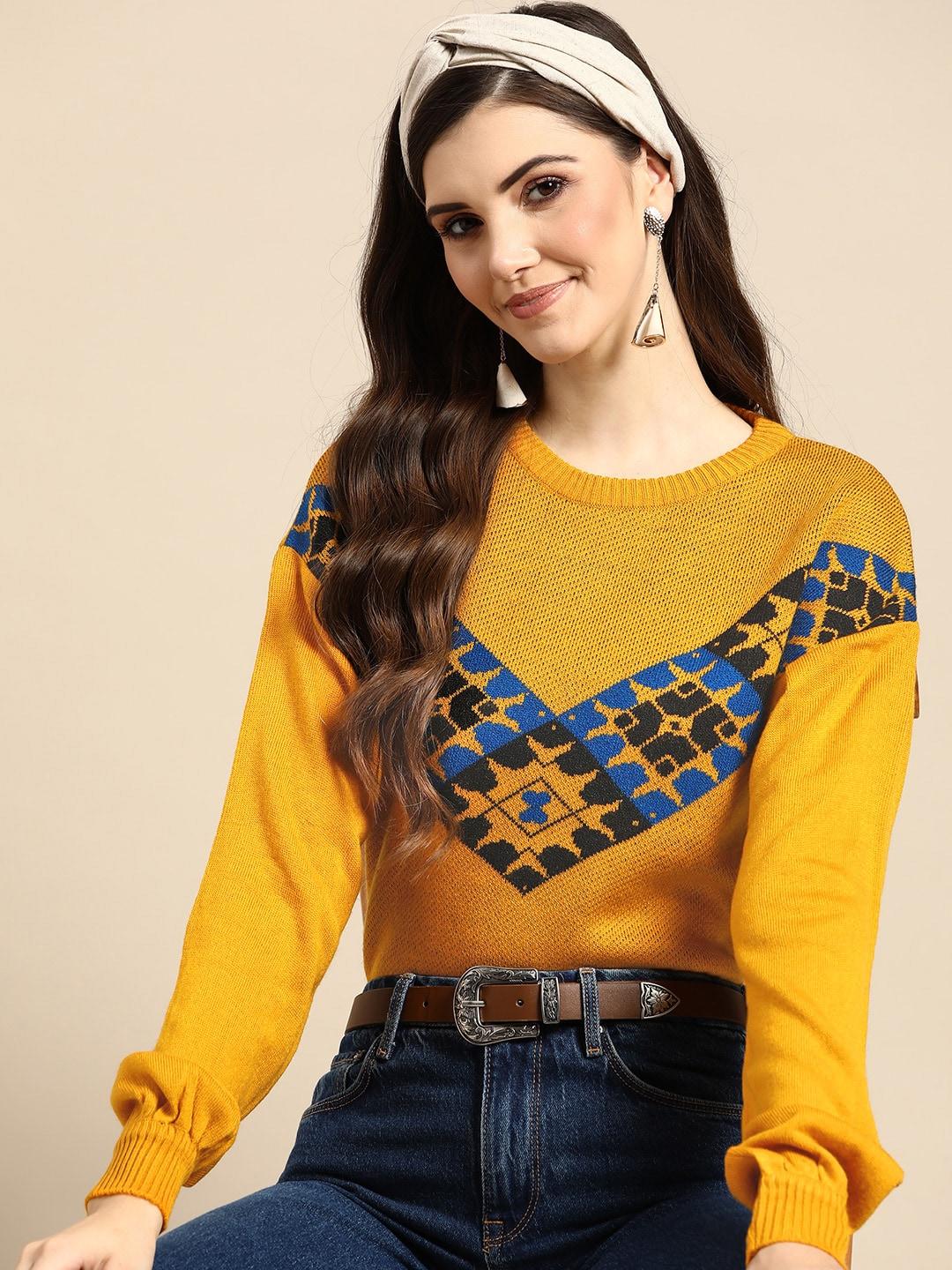 sangria women mustard yellow & blue printed pullover