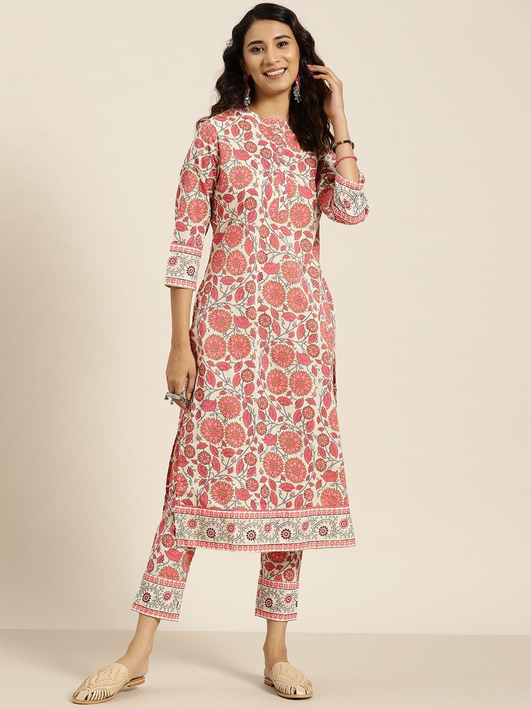 sangria women off white & peach-coloured floral print straight cotton kurta with trousers
