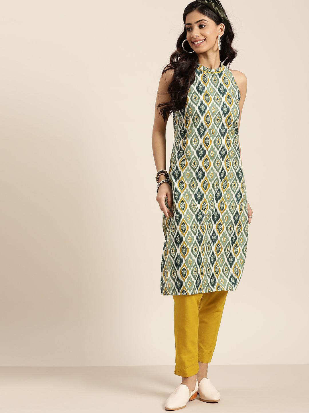 sangria women off-white & green ethnic motifs print kurta with trousers
