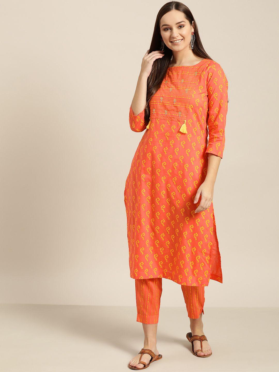 sangria women orange & yellow printed kurta with trousers