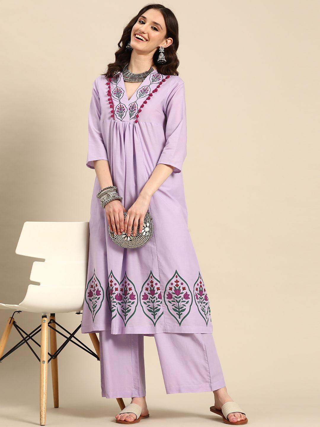 sangria women printed detail gathered pure cotton panelled a-line kurta with palazzos