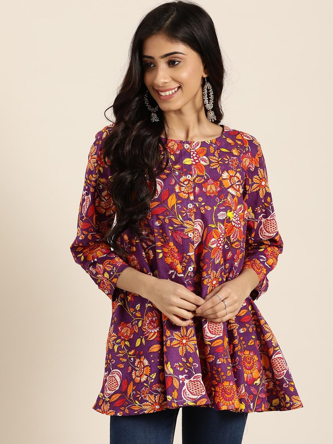 sangria women purple & orange pure cotton ethnic motifs print pleated a-line top