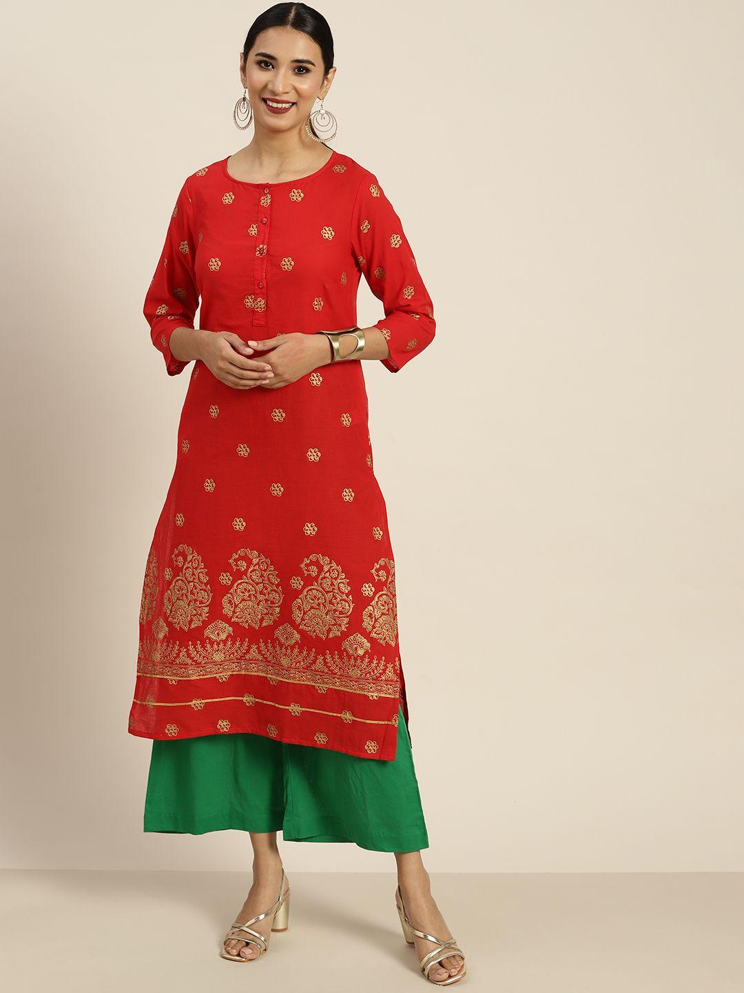 sangria women red & golden pure cotton ethnic motifs print kurta with palazzos