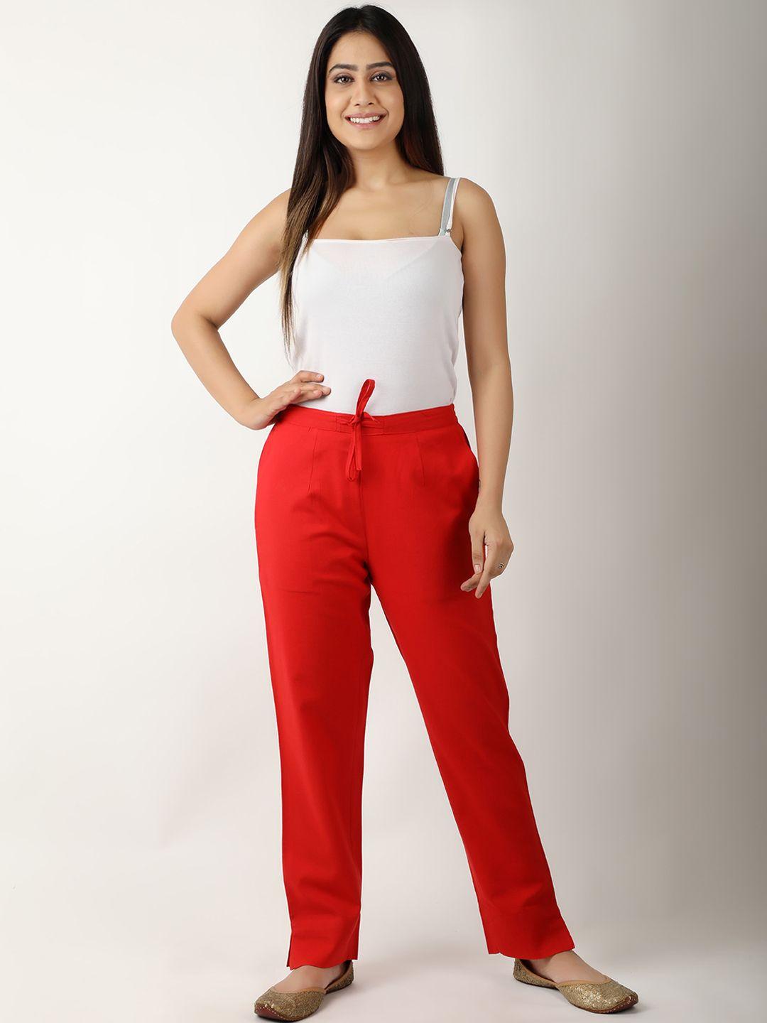 sangria women red mid-rise original plain cotton peg trousers
