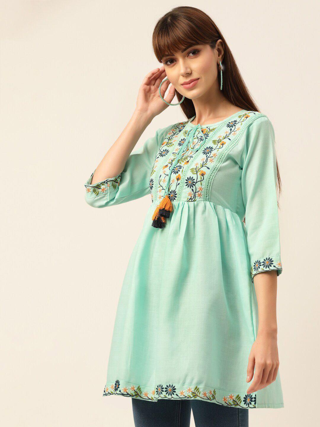 sangria women sea green floral embroidered pure cotton thread work pleated kurti