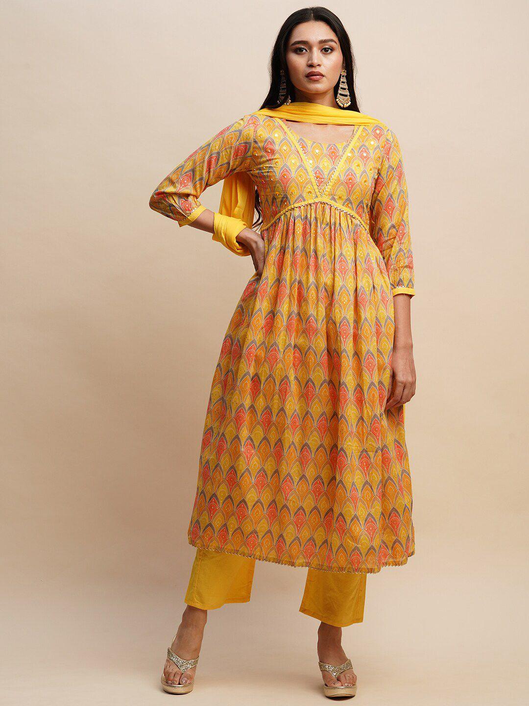 sangria yellow & orange printed empire pure cotton a-line kurta with trouser & dupatta