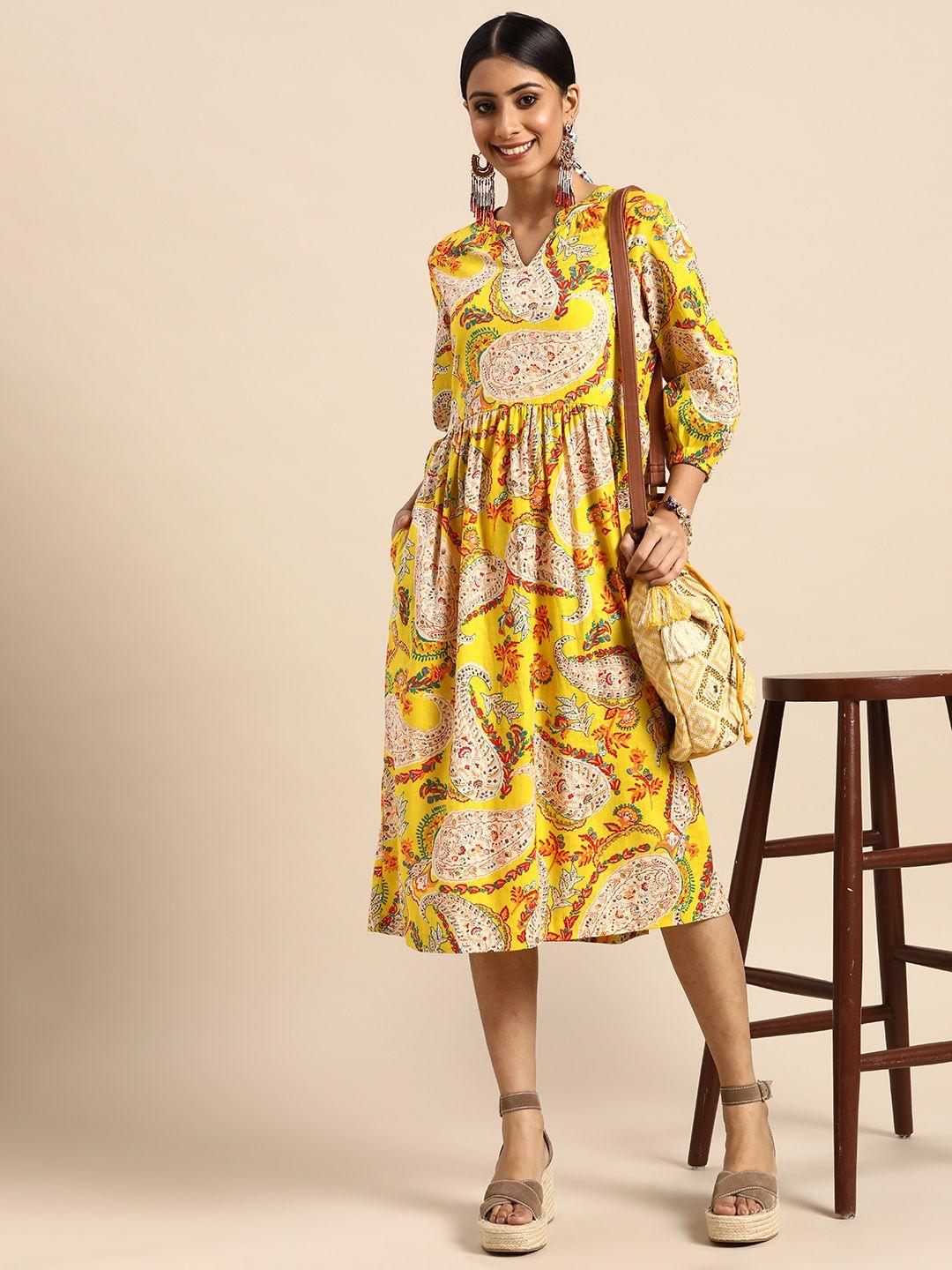 sangria yellow & red ethnic motifs print pure cotton a-line ethnic dress