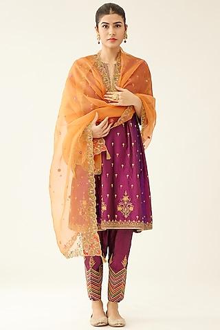 sangria & purple silk thread embroidered kurta set