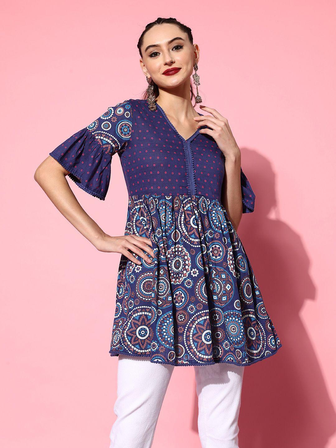 sangria   navy blue ethnic motifs print mix top