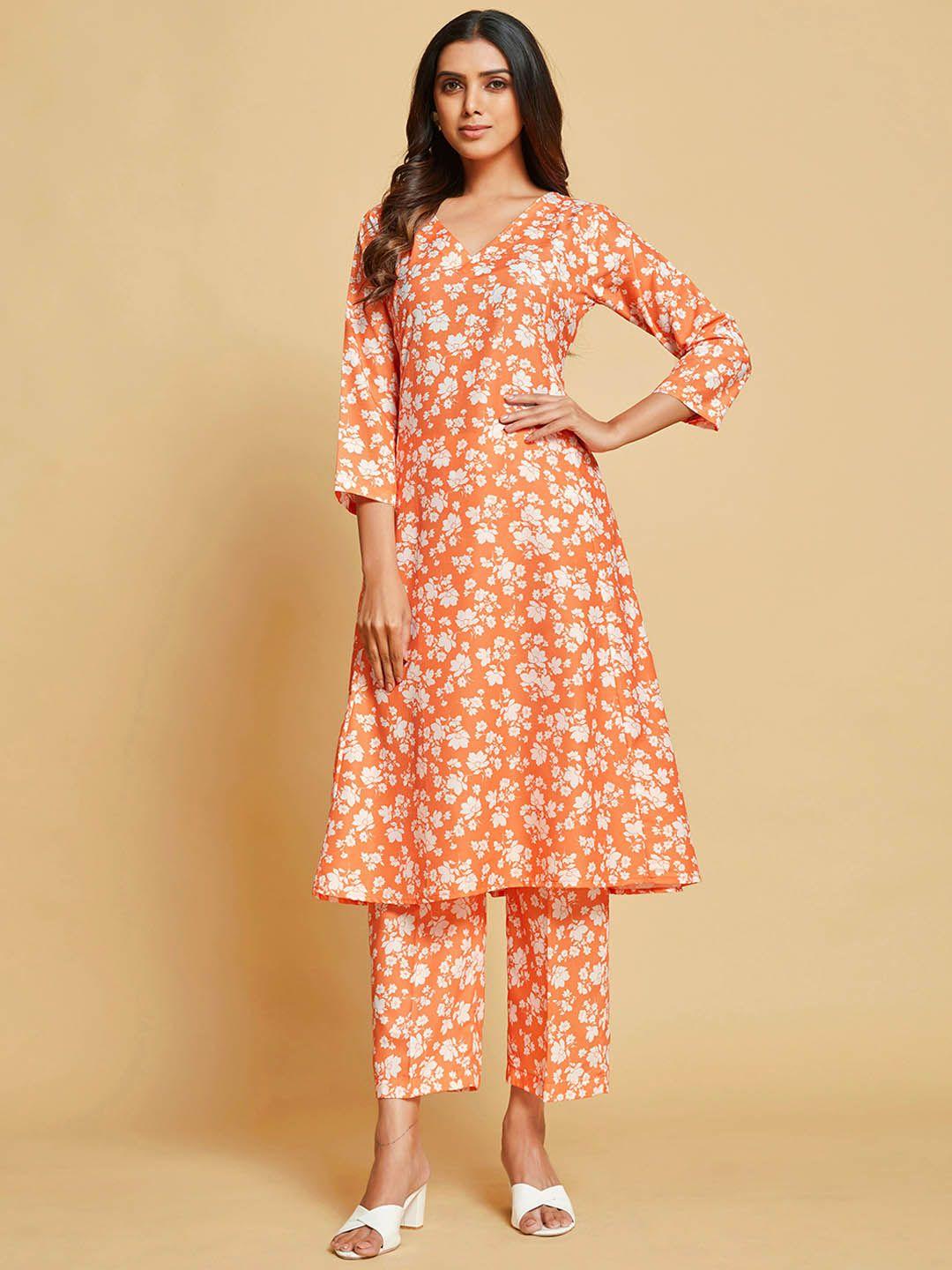 sangria  v-neck floral printed pure cotton a-line kurta with trouser