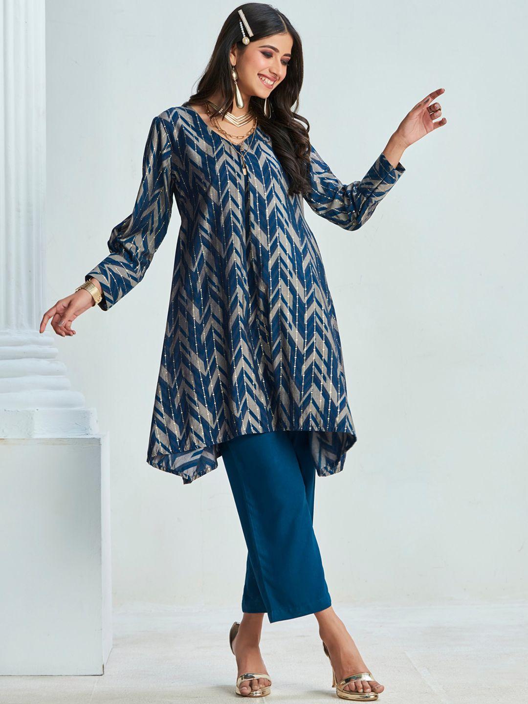 sangria abstract printed asymmetric hem a-line kurta with trouser