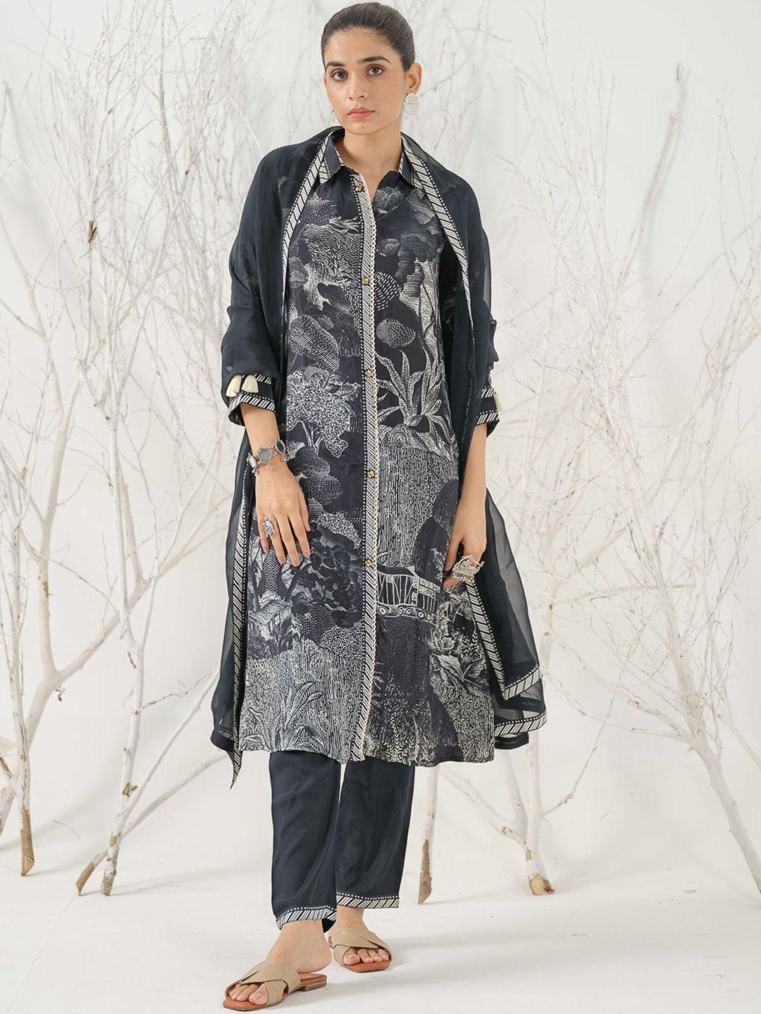 sangria abstract printed linen straight kurta and trousers with dupatta