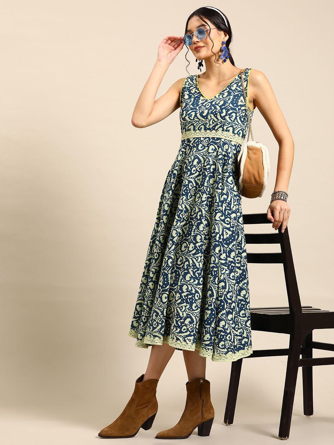 sangria abstract printed pure cotton lace inserted sleeveless ethnic dress