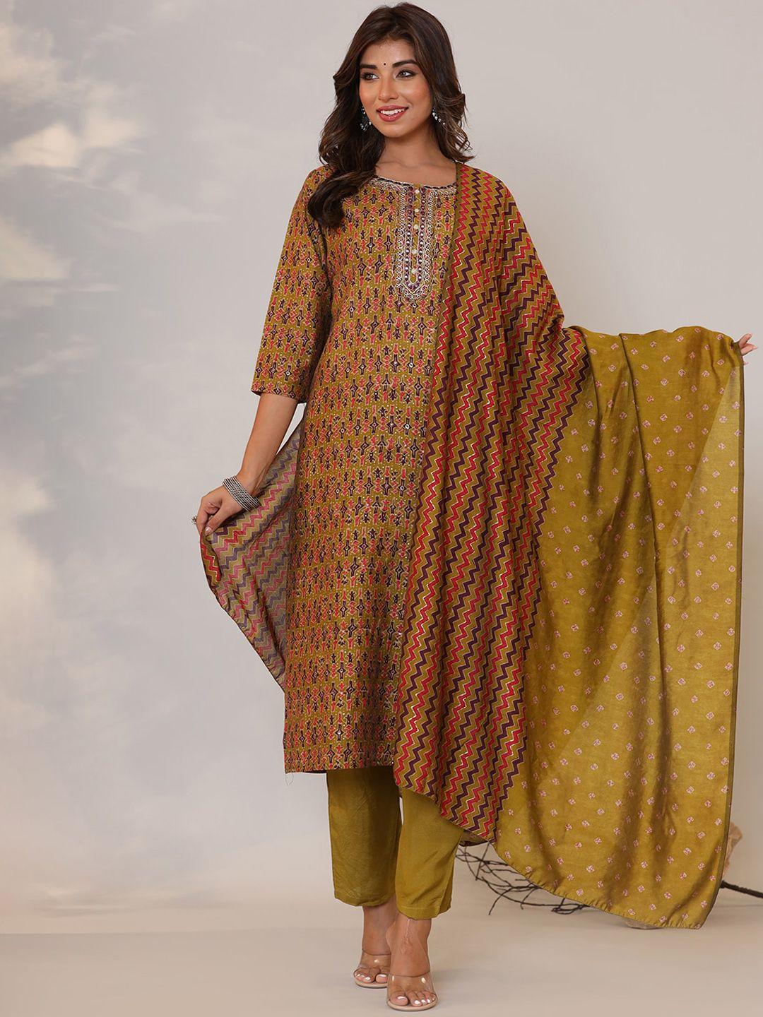 sangria abstract-printed pure-silk a-line kurta with trouser & dupatta