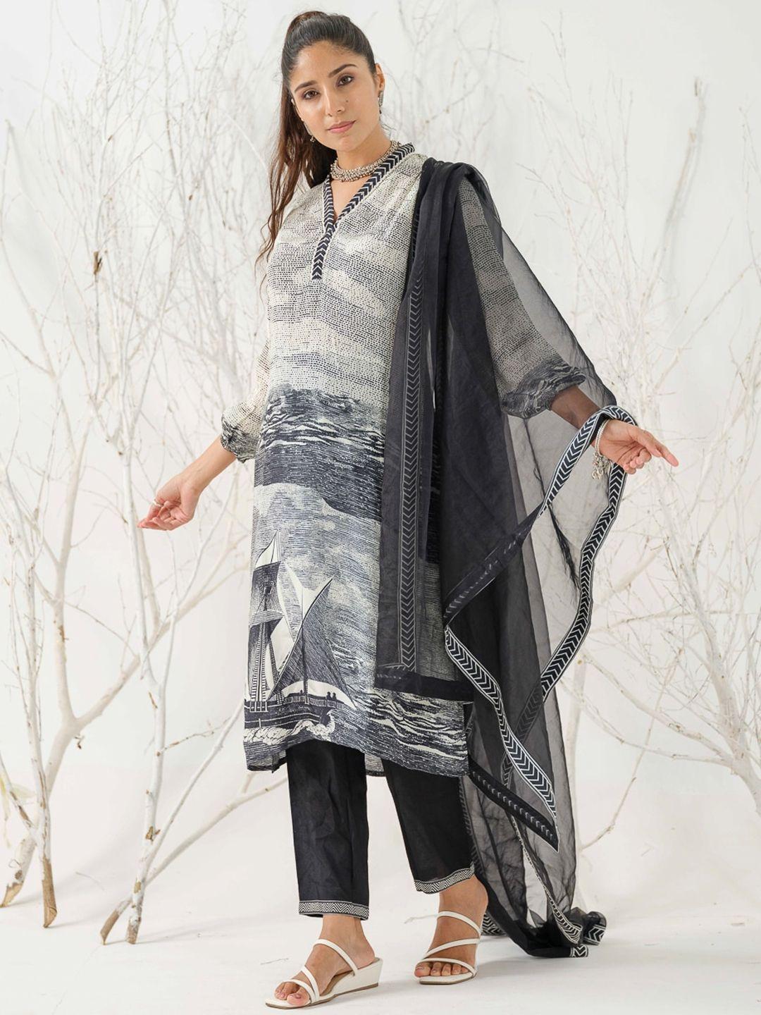 sangria abstract printed straight kurta with trousers & dupatta