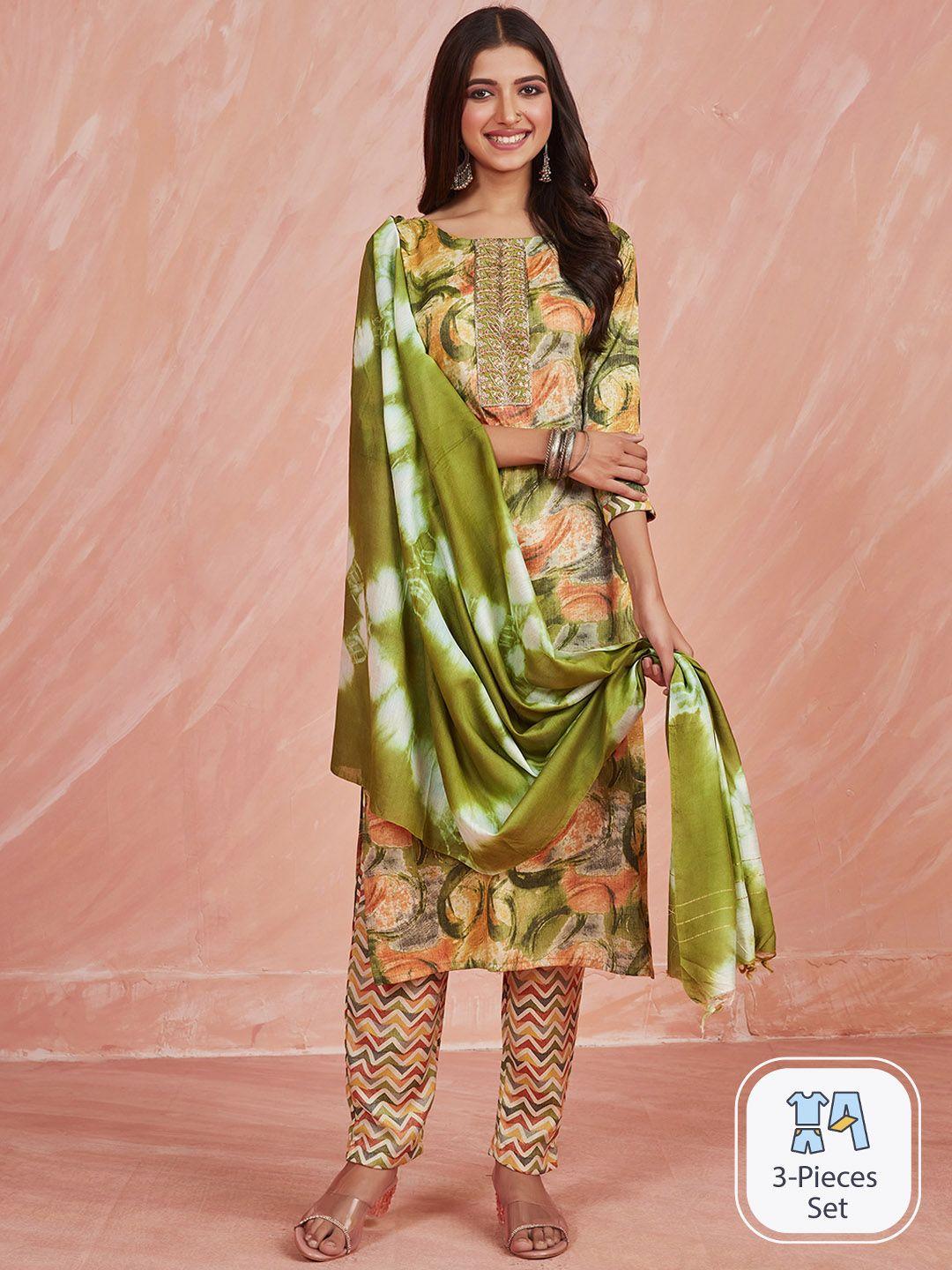 sangria abstract printed thread work straight kurta with trouser & dupatta