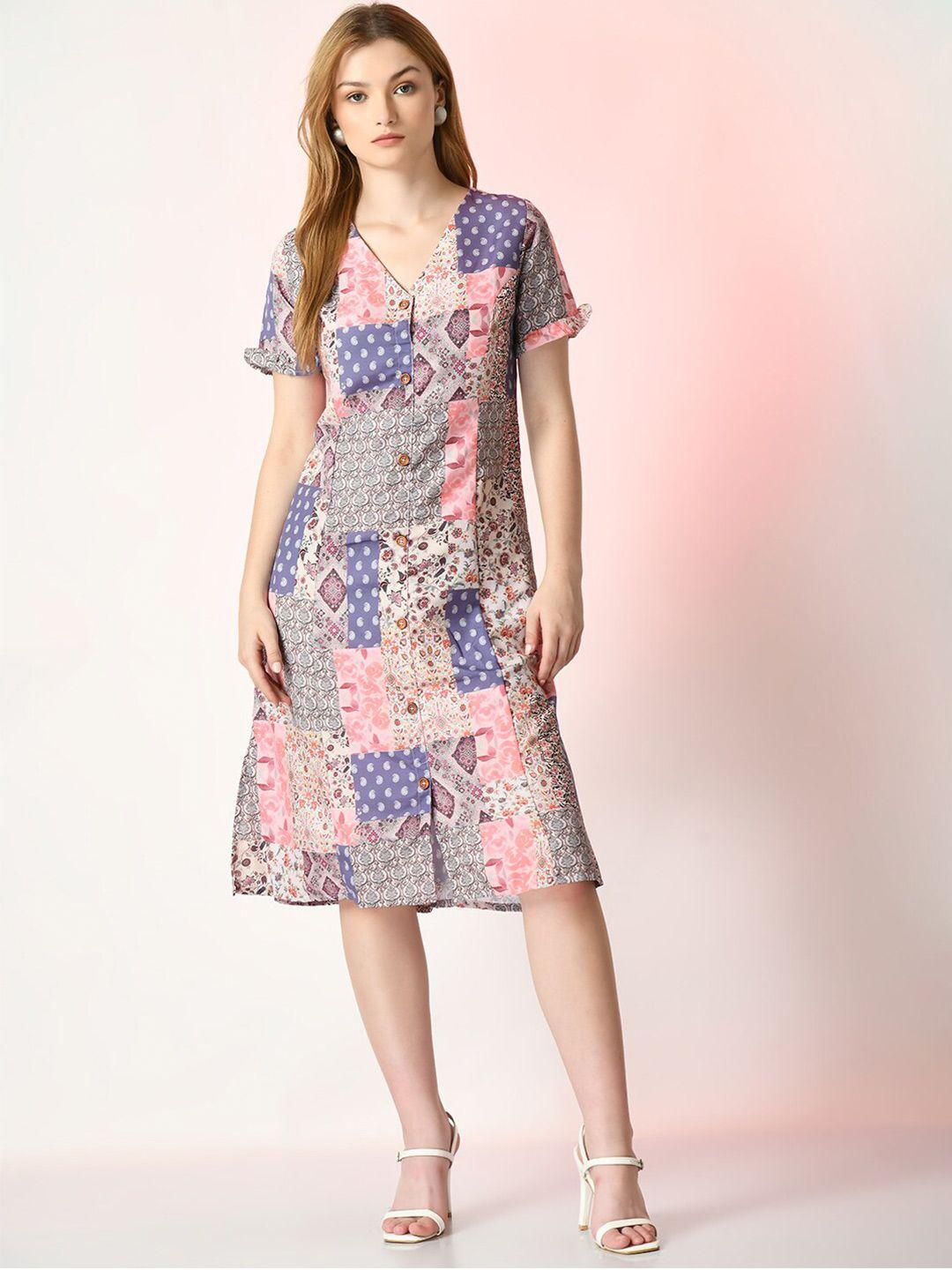 sangria abstract printed v-neck linen a-line dress