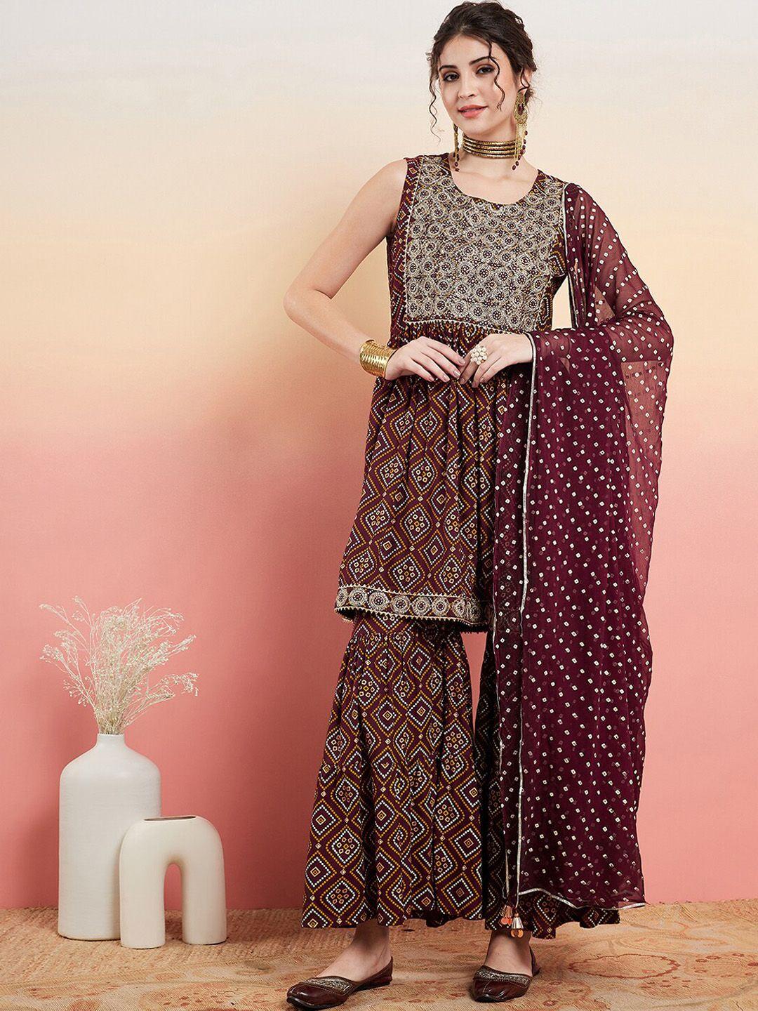 sangria bandhani printed a-line kurti with sharara & dupatta